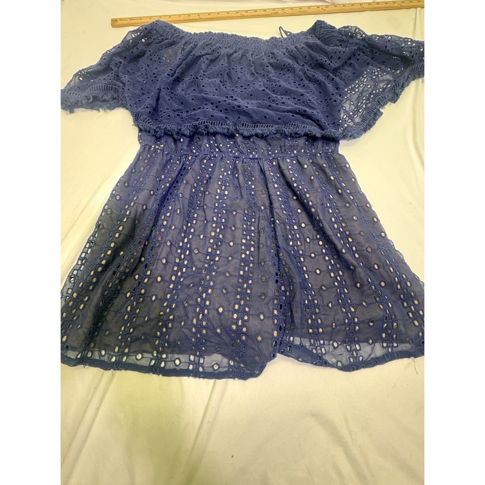 Anthropologie Ranna Gill Tiered Eyelet Off Shoulder Ruffle Romper L Large‎ Blue